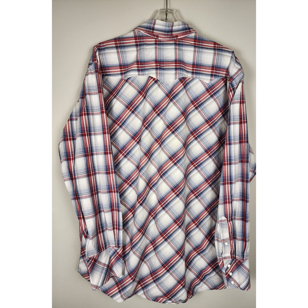 Roper Mens XL Red White Blue Plaid‎ Long Sleeve Western Snap Shirt Country Chore - Picture 2 of 9